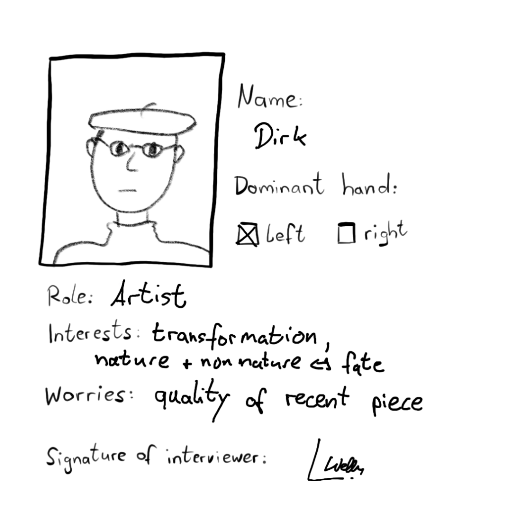 On his photo he looks at the camera with a neutral expression. He's wearing round glasses and a beret. Name: Dirk Dominant hand: left Role: artist Interests: transformation, nature + nonnature > fate Worries: quality of recent piece Signature of interviewer: L. Wells