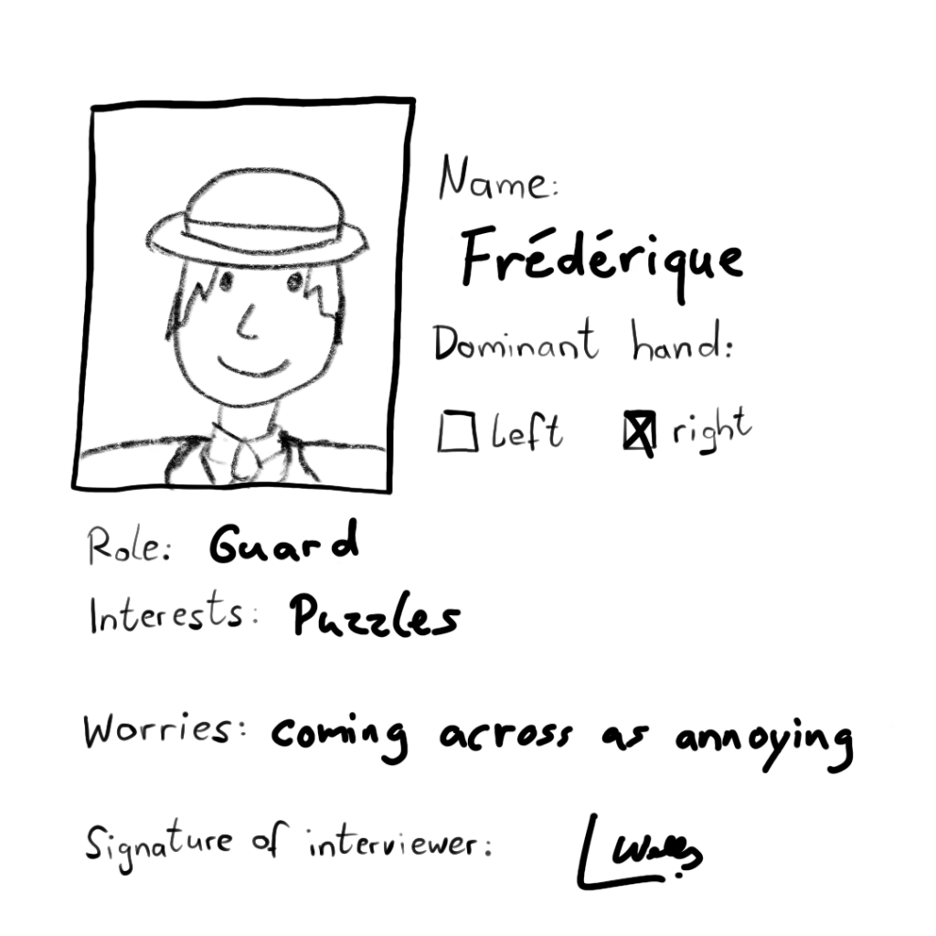 On the photo they're wearing a hat and smiling at the camera. Name: Frédérique Dominant hand: right Role: guard Interests: puzzles Worries: coming across as annoying Signature of interviewer: L. Wells